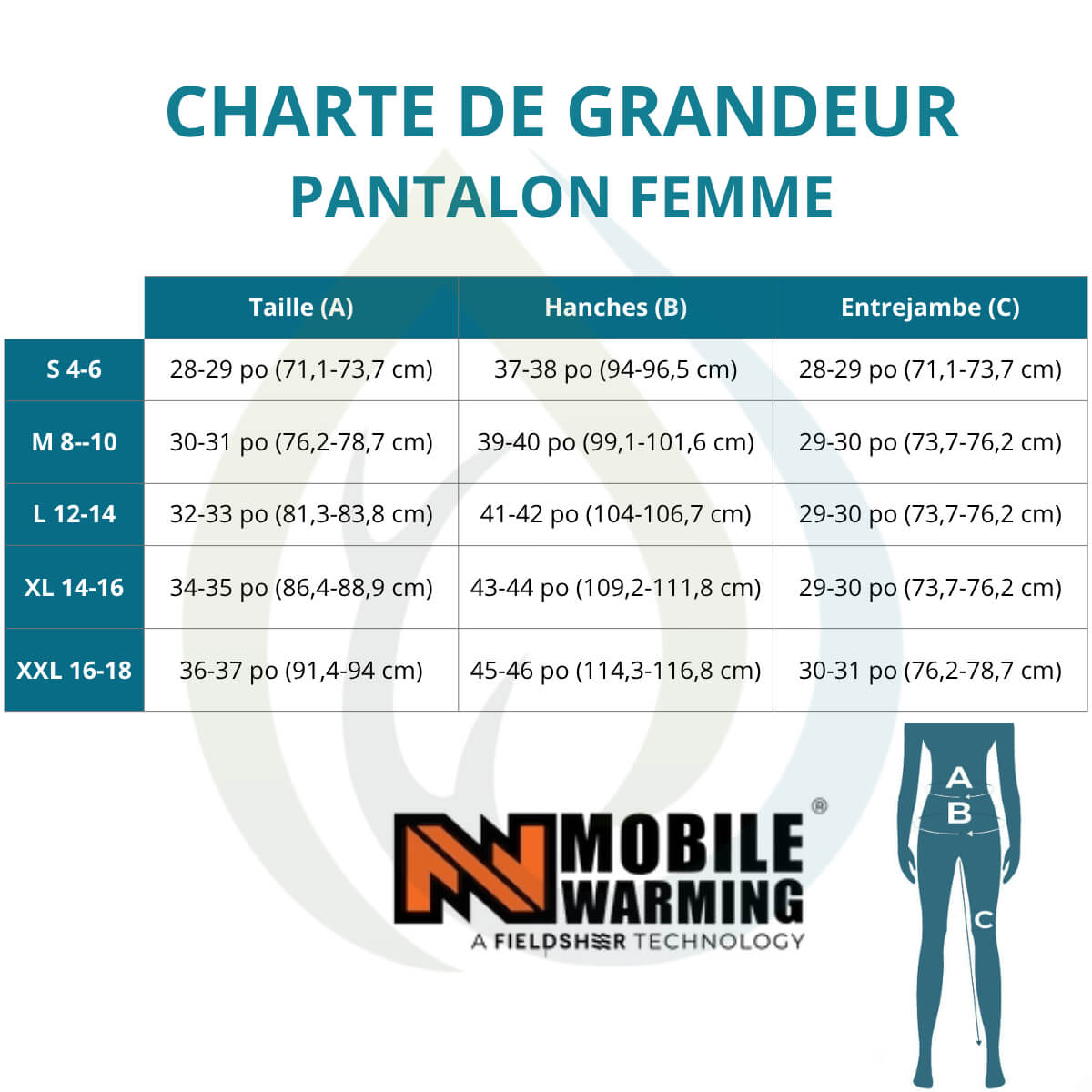 Charte de grandeur Mobile Warming Femme pantalon