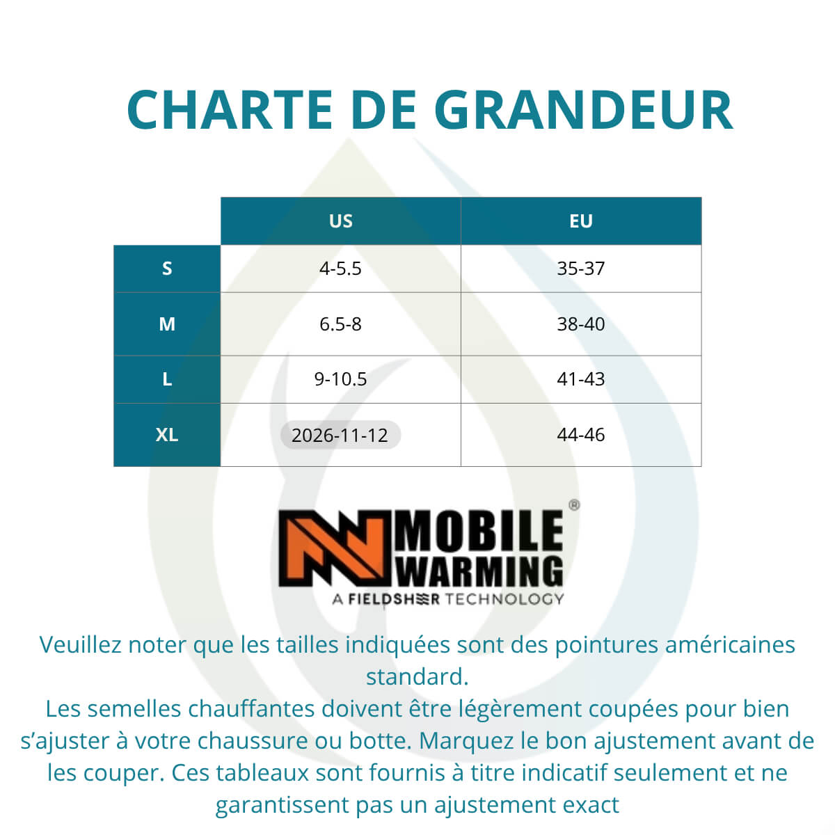 Charte de grandeur semelles chauffantes Mobile Warming