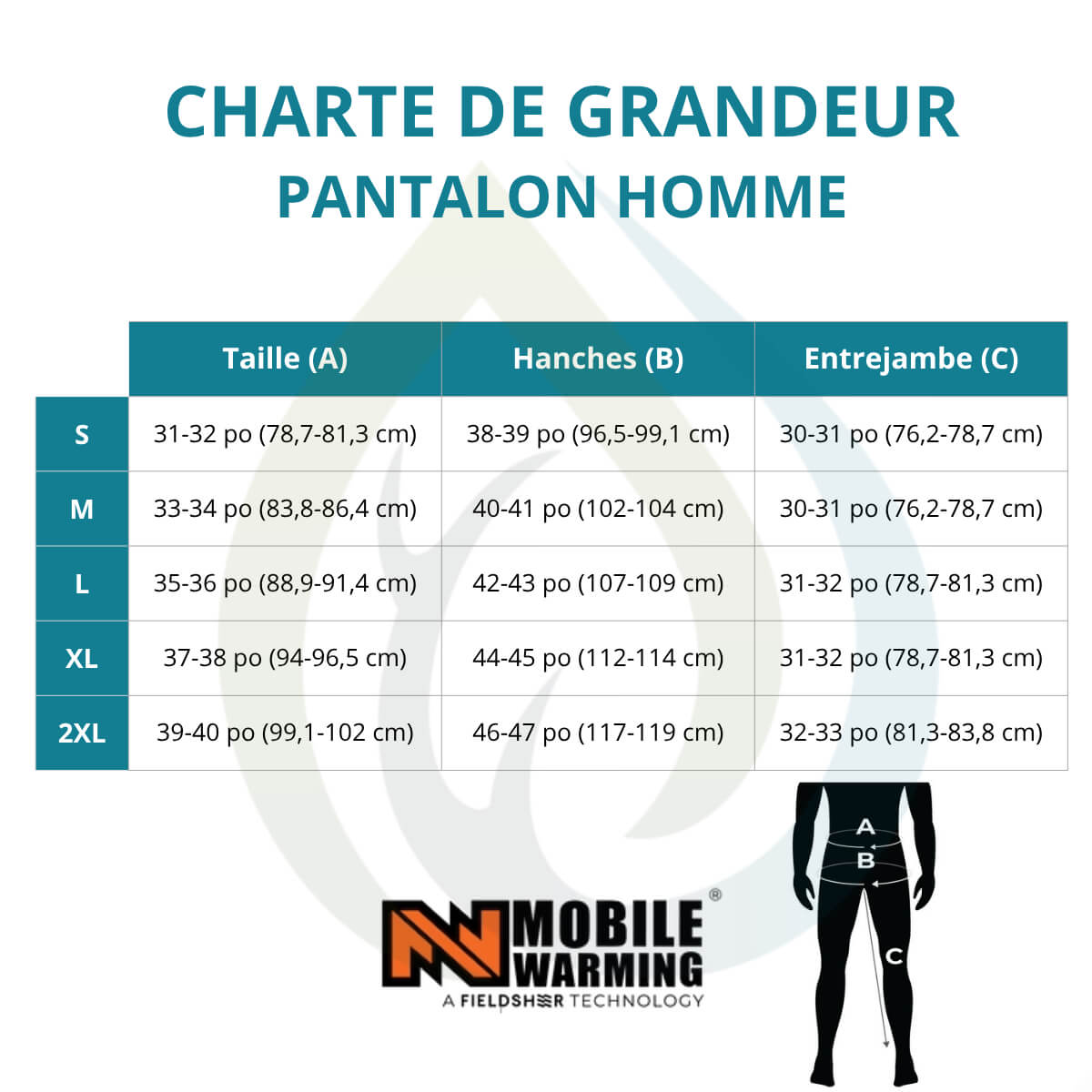 Charte de grandeur Mobile Warming pantalon homme